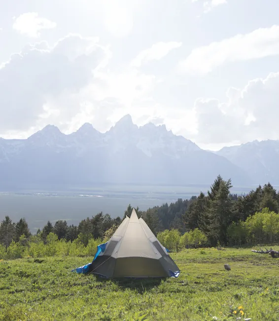 A single tent in a green meadow facing the Tetons