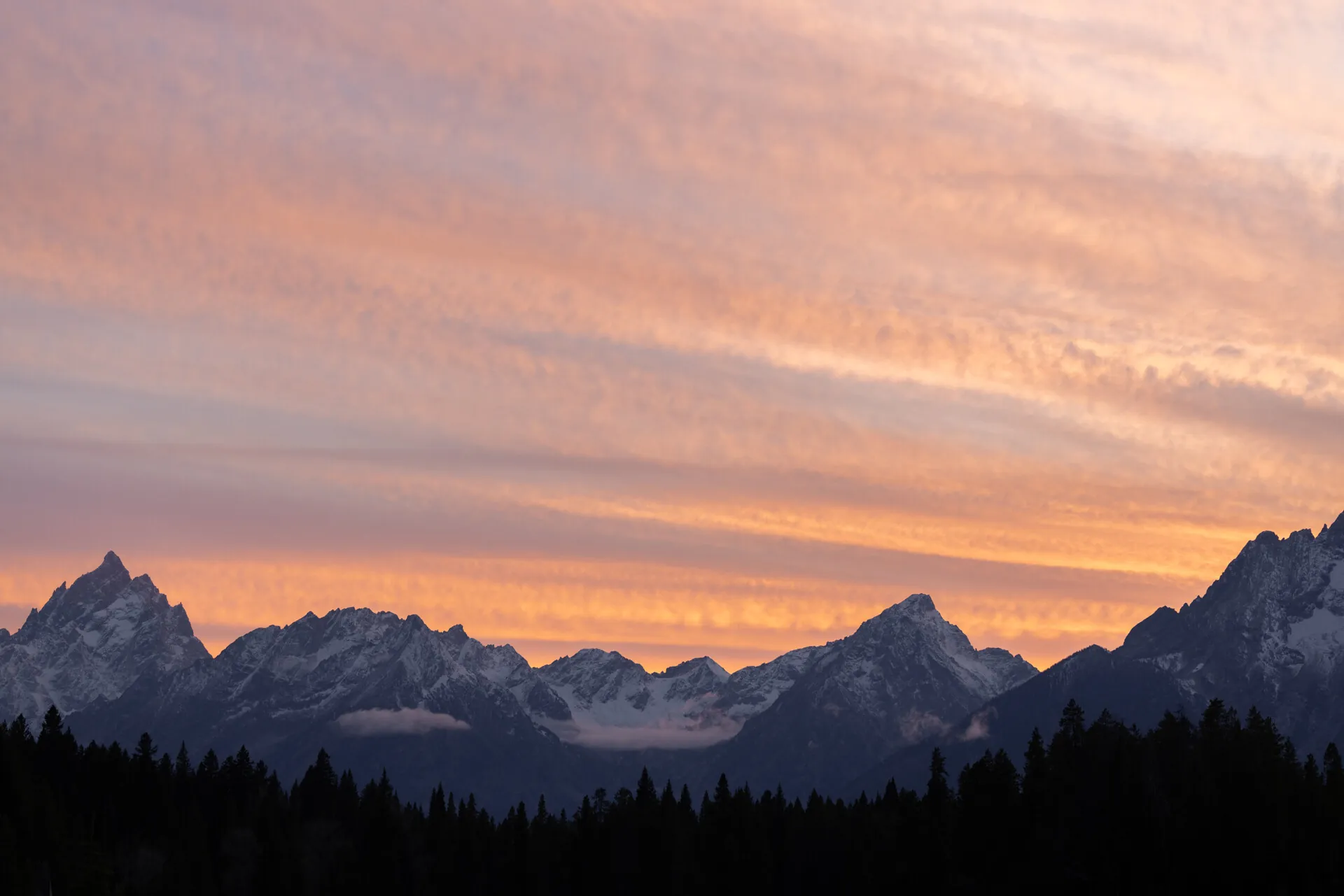 The Teton Range silhouetted under a pink and orange sunset